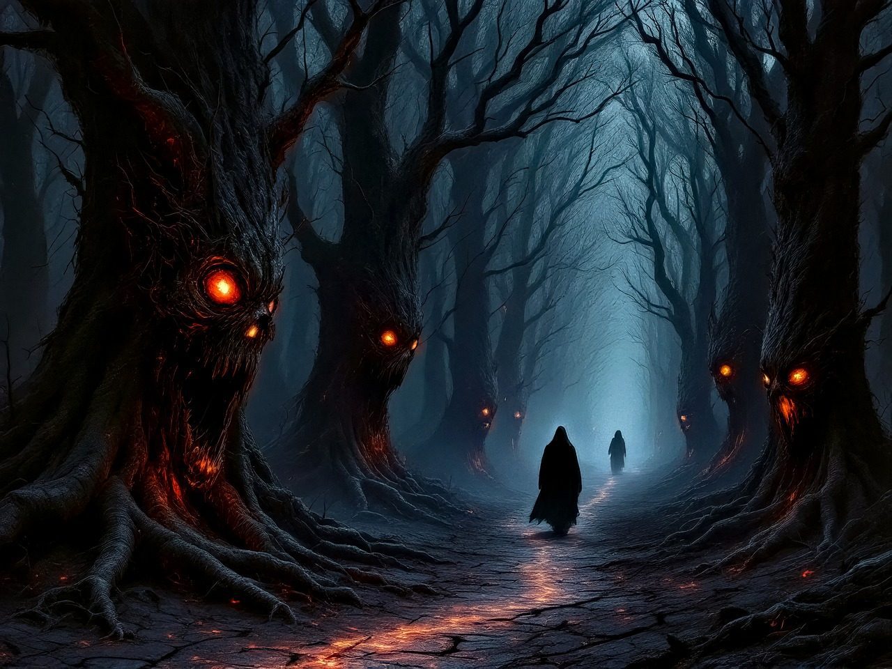 night, ghost, fantasy, nature, dark, trees, horror, scary, forest, ai generated